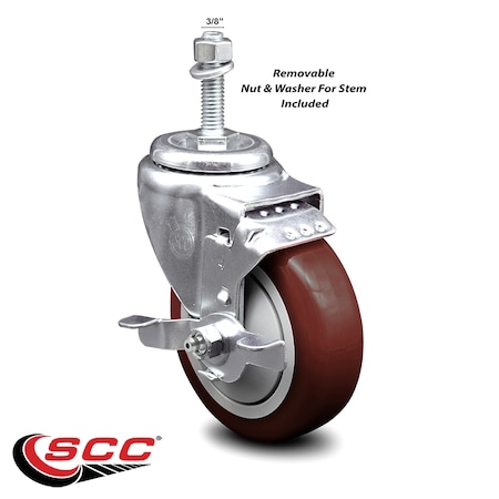 Service Caster 4 Inch Maroon Polyurethane Wheel Swivel 3/8 Inch Threaded Stem Caster with Brake SCC-TS20S414-PPUB-MRN-TLB-381615